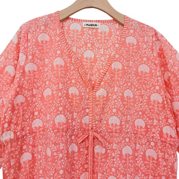 Mandum Maxi Dress Womens Medium Orange Floral Side Slit V-Neck Cotton Bohemian - Picture 3 of 12